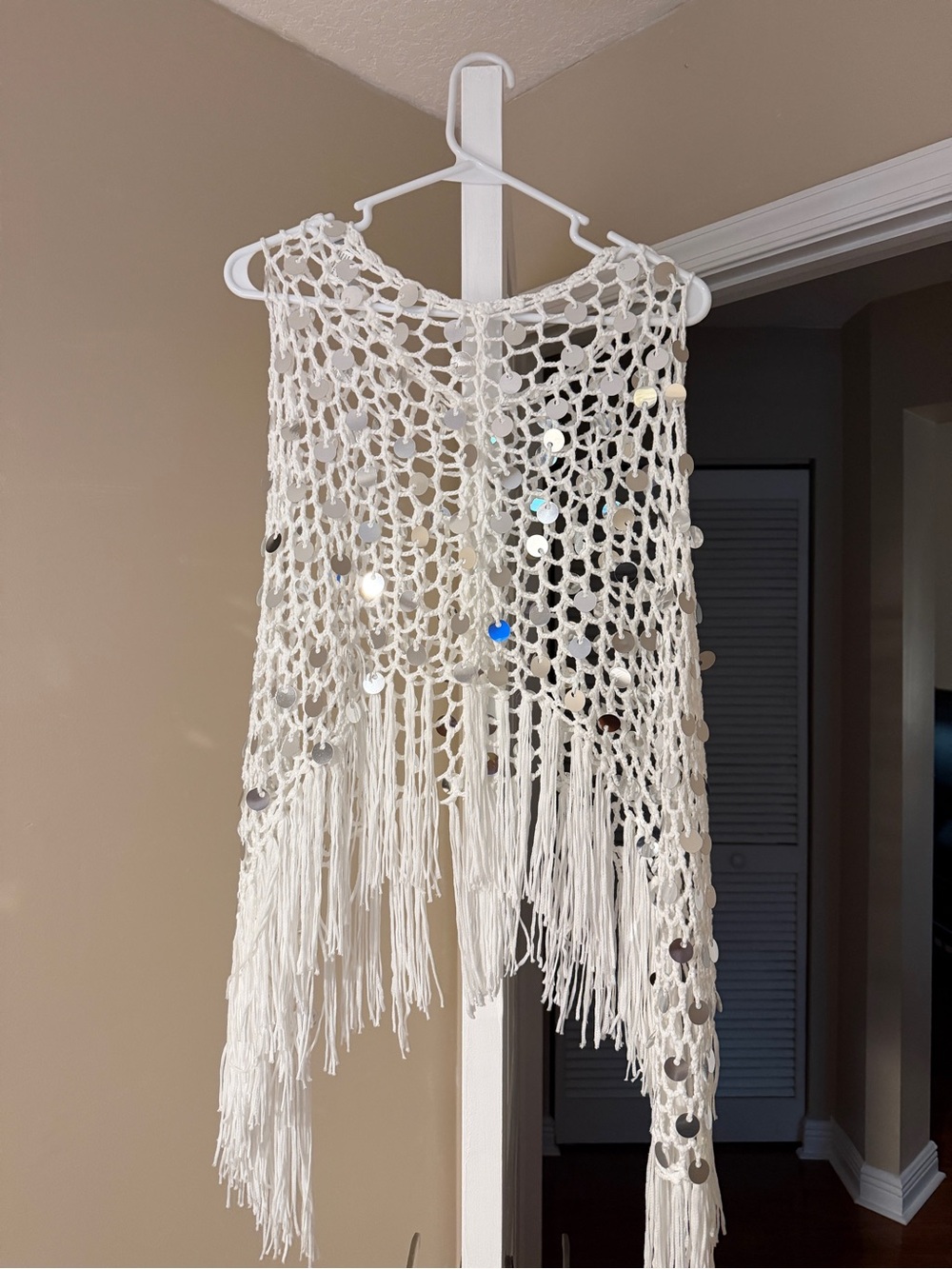 White Crocheted Fringe Poncho with Sequin Accents